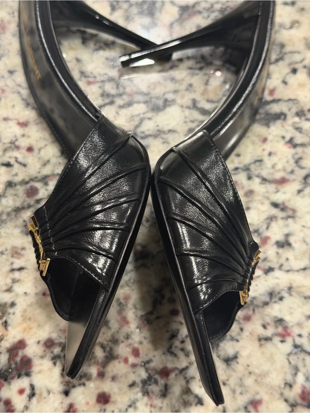 Yves Saint Laurent Black Leather Pointed Slingback Mules with Gold Hardware